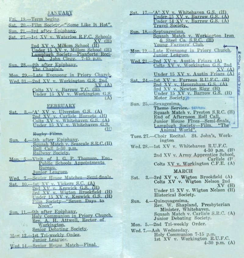Easter Term 1962 Calendar 2